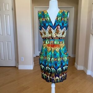Guess Los Angeles Blue and Green Sheath Mini Dress V-Neck Sleeveless